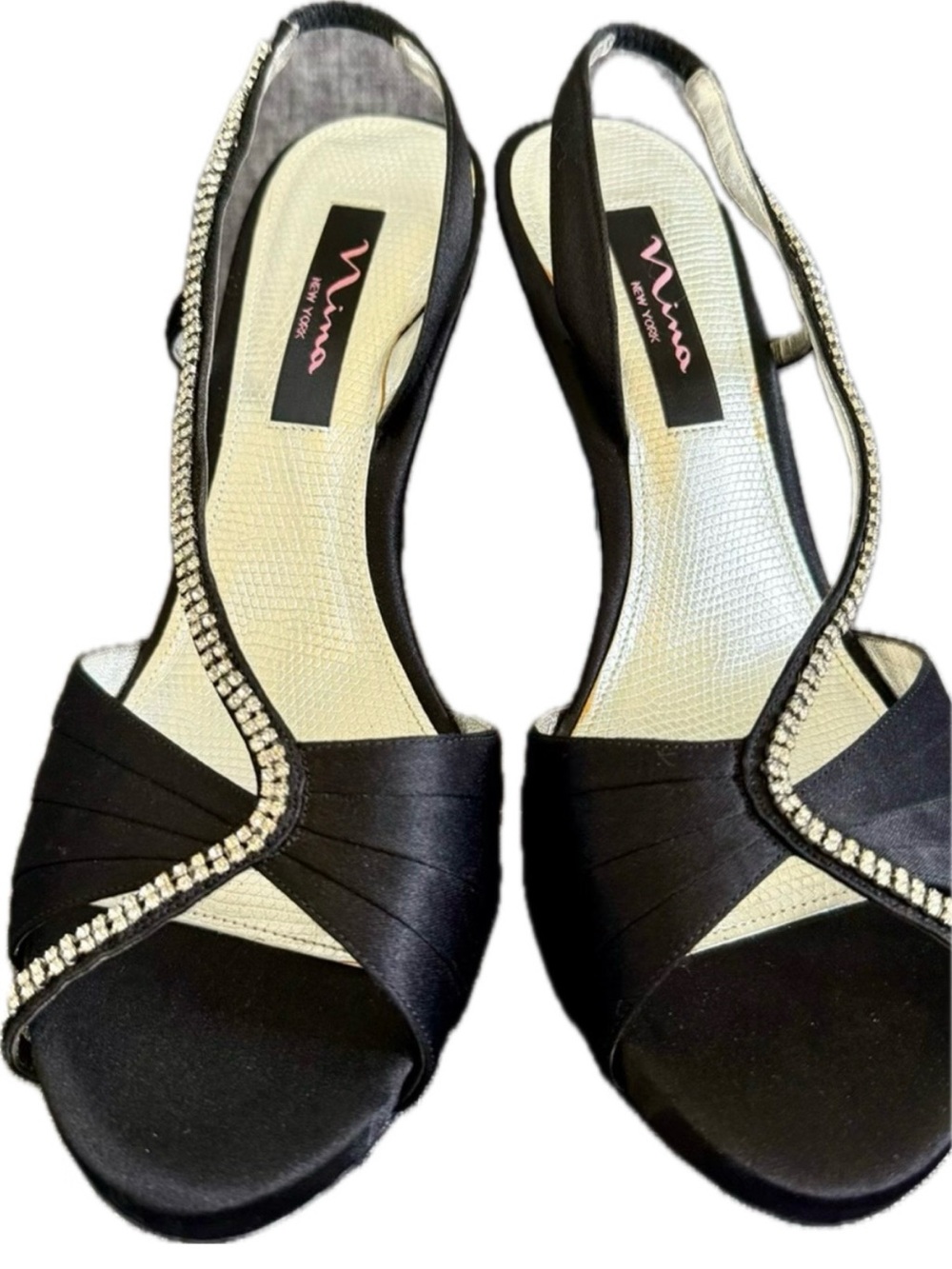 Black Satin Slingback Heels with Rhinestone Strap NWOT